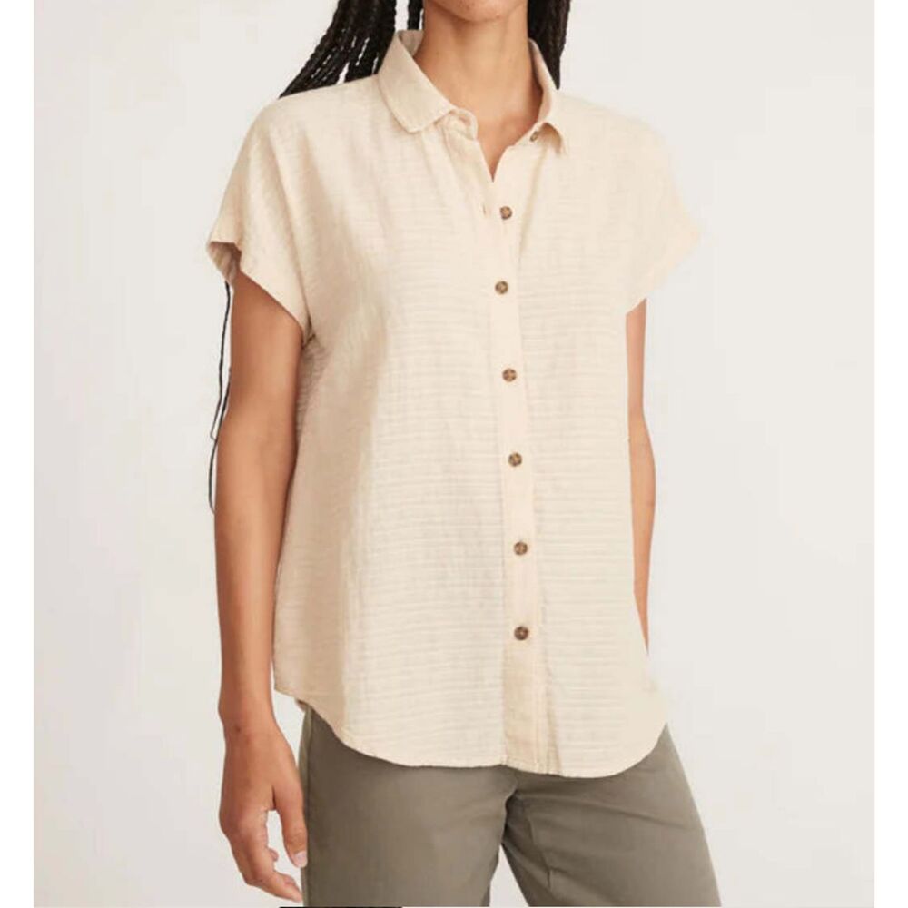 MARINE LAYER Dana Beige Parchment Short Sleeve Button Down Shirt Womens XS